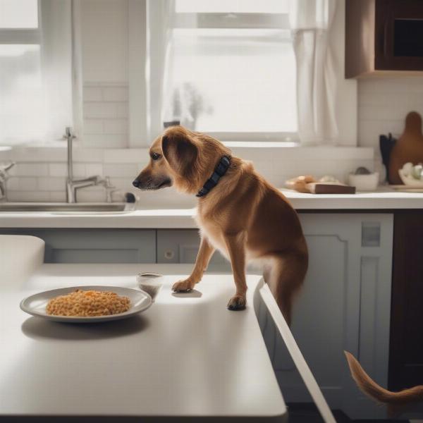 Dog tempted by food on counter