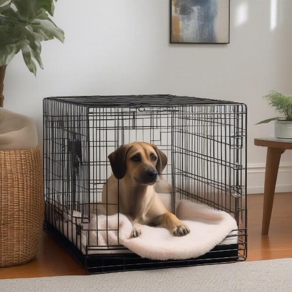 Dog crate with a comfortable bed and a soft blanket