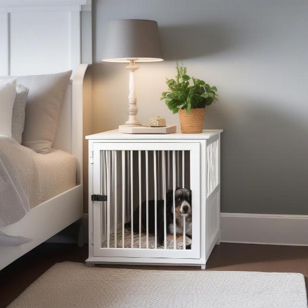 Dog crate in bedroom as a nightstand