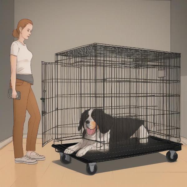 Moving a dog crate with wheels within the home