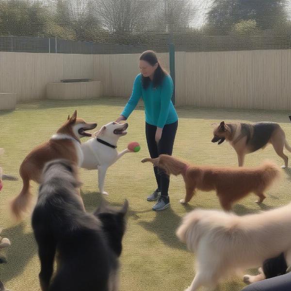 Staff interacting with dogs at a dog creche