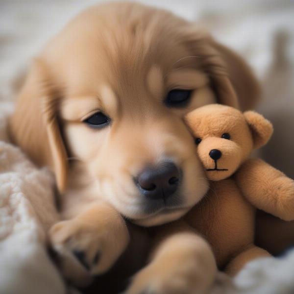 Dog cuddling a teddy bear