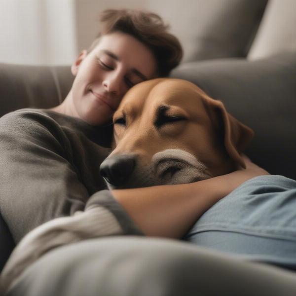 Dog cuddling with its owner