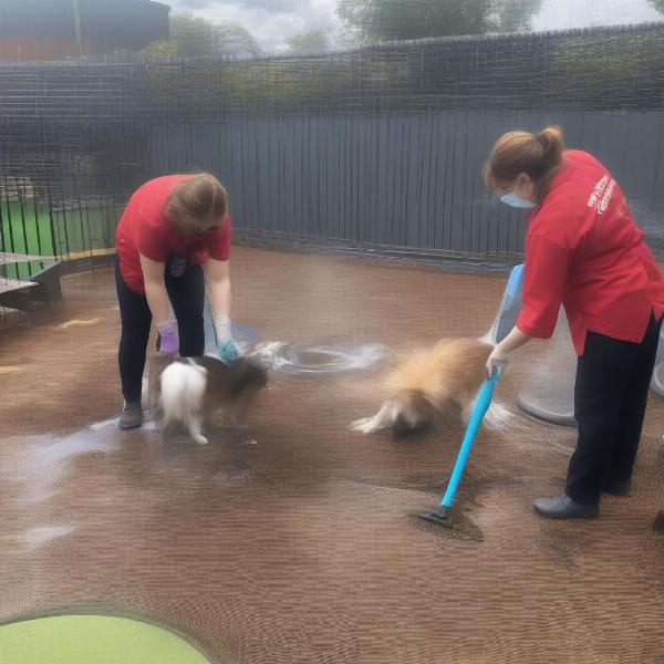 Staff cleaning the play area at a dog day care in Pasadena.