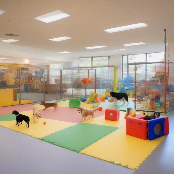 Dogs playing in a designated play area at a dog daycare in Kirkland