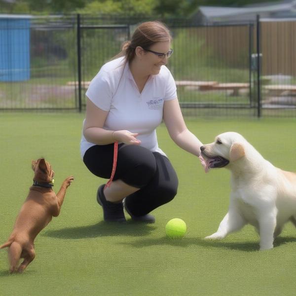 Staff interacting with dogs at a dog daycare in Oakville