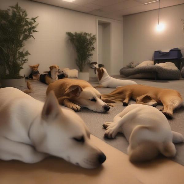 Dogs resting at a dog daycare in Temecula