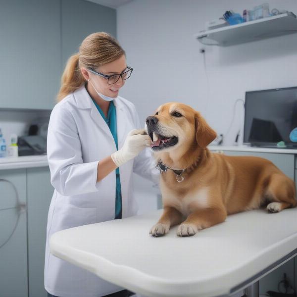 A veterinarian examining a dog's teeth.