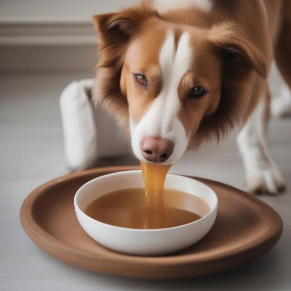 A dog drinking bone broth from a bowl.