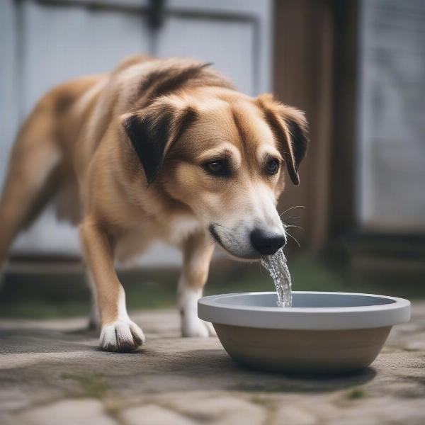 Dog Enjoying Water from a Cement Dog Bowl