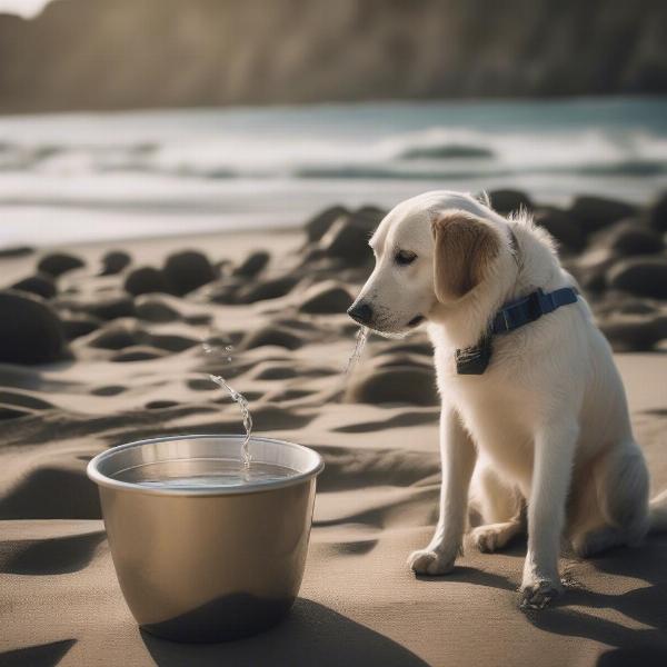 Dog drinking fresh water after a day at the beach