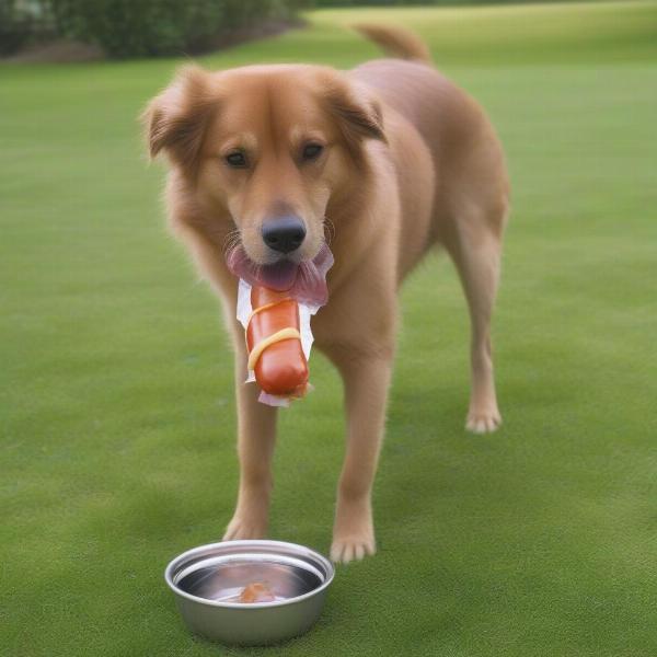 Dog drinking water after eating a hot dog