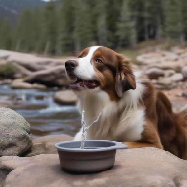 Dog drinking water from a portable bowl on a trail in Estes Park