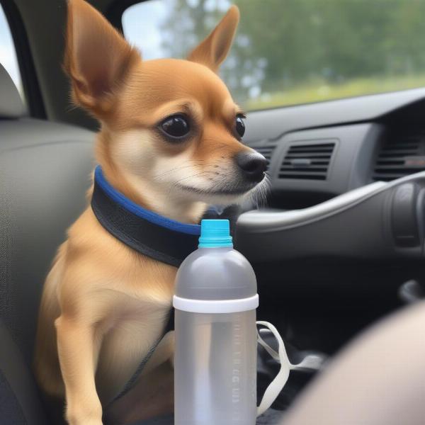 Dog drinking water from a travel bottle in a car