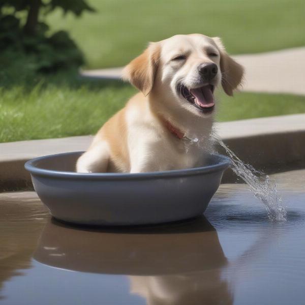 Dog drinking water in the summer