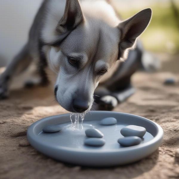 Dog happily drinking water from a bowl with cooling stones