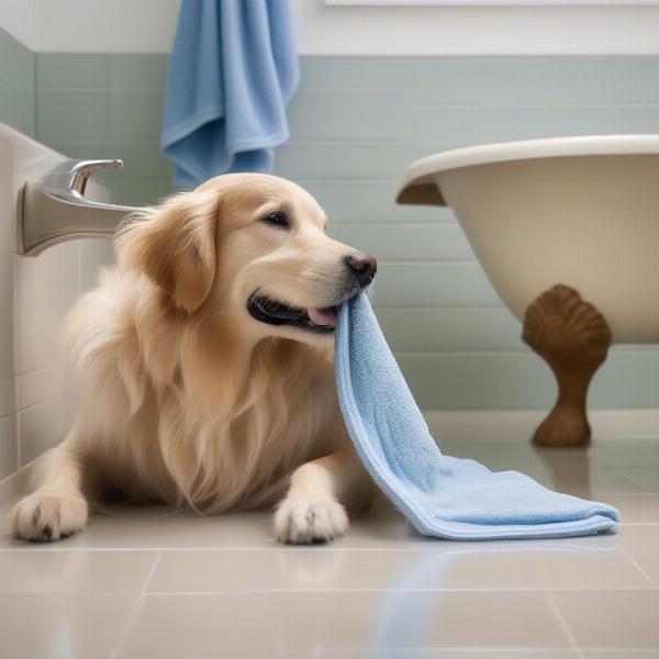 A wet dog being dried with a highly absorbent microfiber towel after a bath