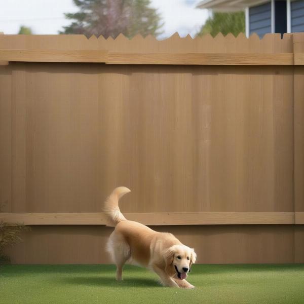 Dog ear fence boards in a backyard, containing a happy Golden Retriever.