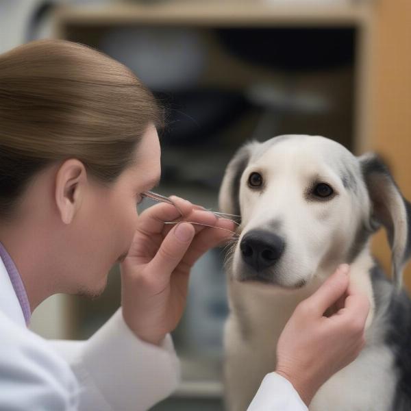 Dog getting its ears checked by a veterinarian