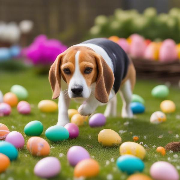 A dog participating in an Easter egg hunt