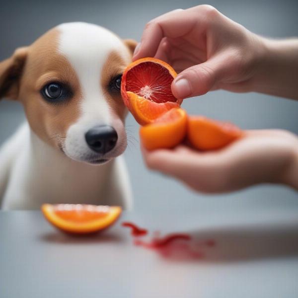 Dog eating a small piece of blood orange