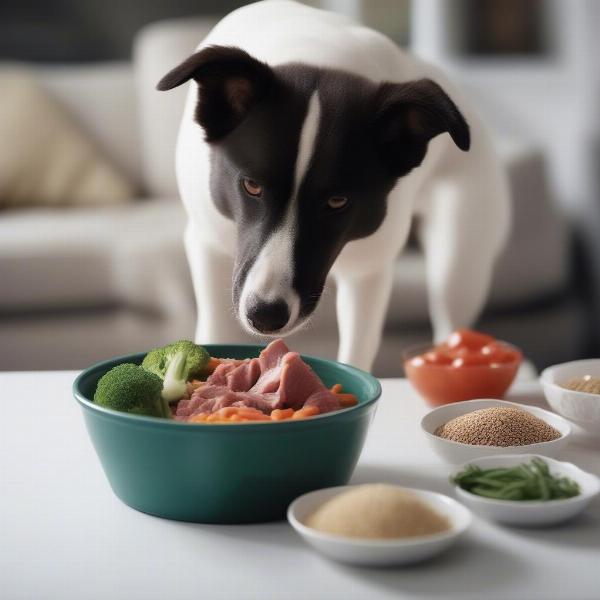 Dog Eating Balanced Meal with Vegetables and Butcher-Sourced Meat