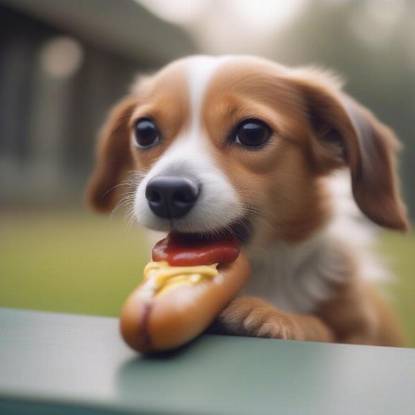 Dog Eating Bright Leaf Hot Dog