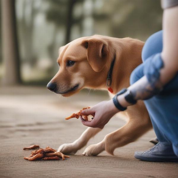 Dog eating chicken feet under supervision