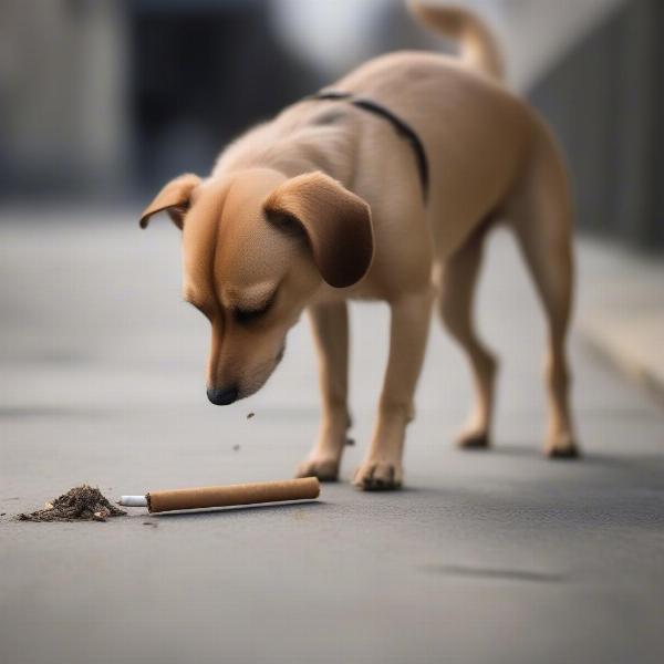 Dog eating a cigarette butt