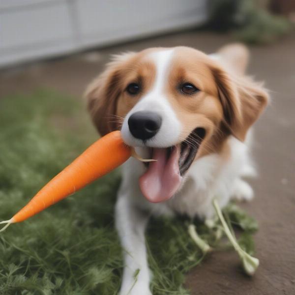 Dog eating a carrot from the farmers market