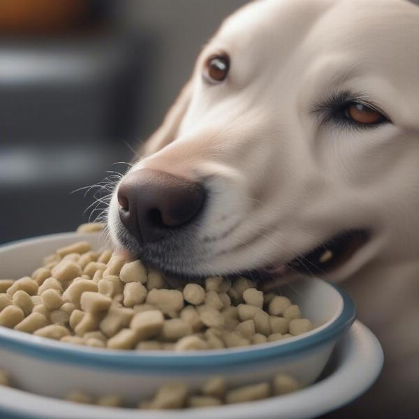 Dog eating food containing guar gum