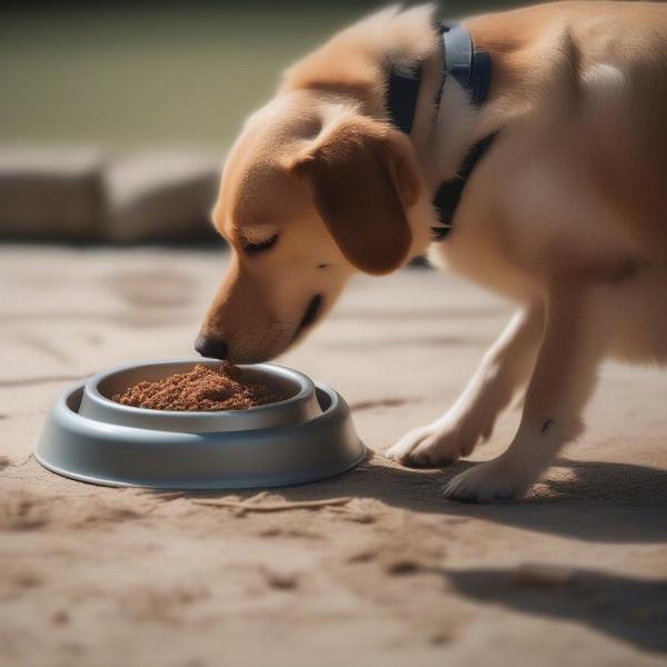 A dog enjoying a meal from an anti-ant bowl