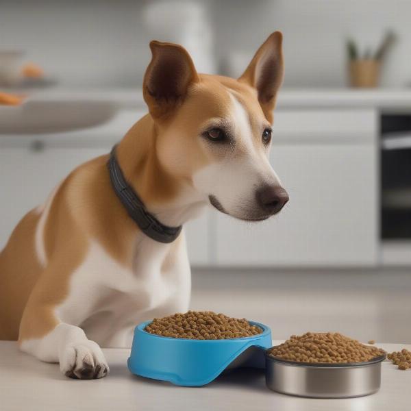 Dog eating near its food storage container