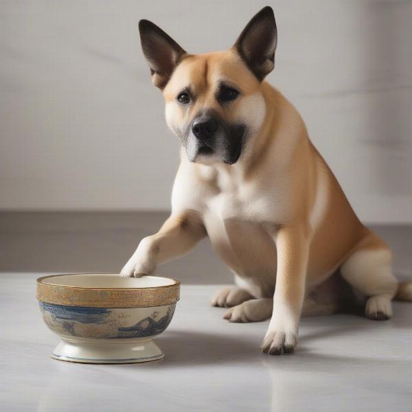 Dog Eating From a Chinoiserie Bowl