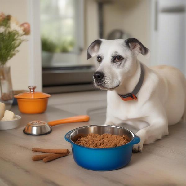 A happy dog enjoying a meal from a Le Creuset dog bowl