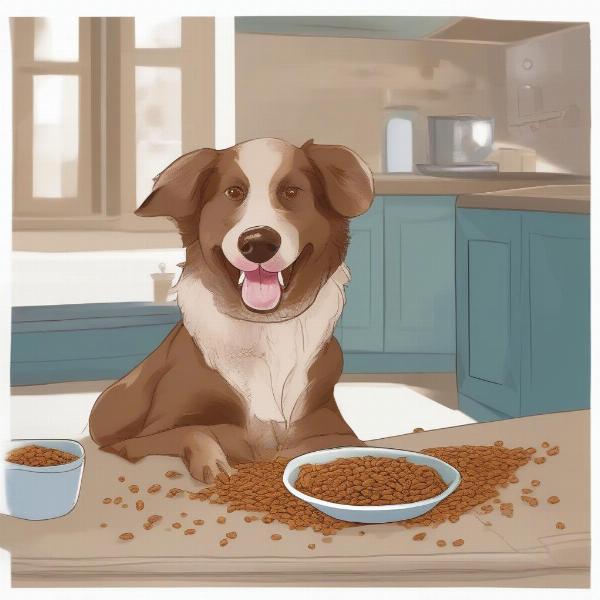 A happy dog enjoys a bowl of dry kibble.