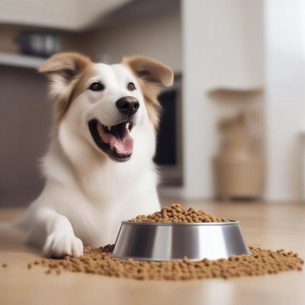 A healthy dog eating low-fat dog food from a bowl