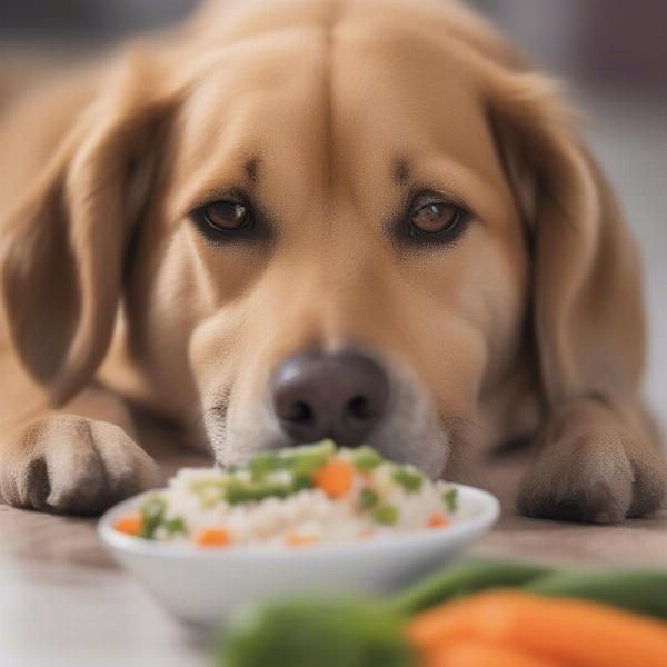 Dog Eating Rice with Vegetables