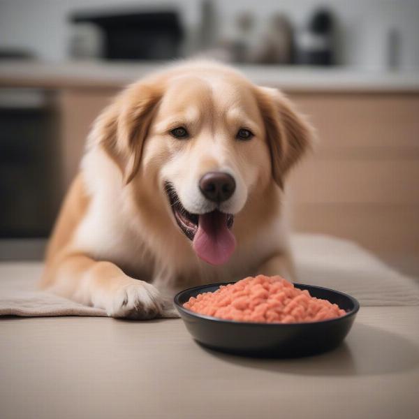 Dog eating salmon kibble - A happy dog enjoying a bowl of salmon kibble, highlighting the palatability of salmon dog food.