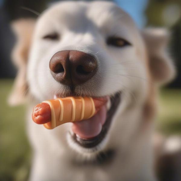 Dog enjoying a shrimp hot dog treat.