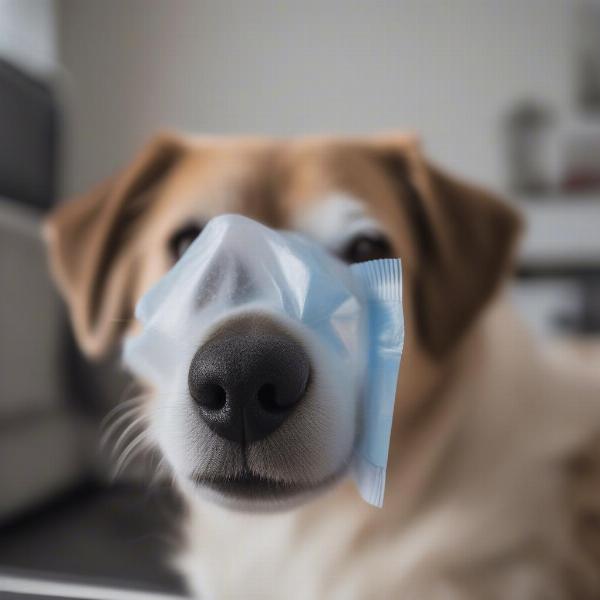 A dog curiously sniffing a silica gel packet.