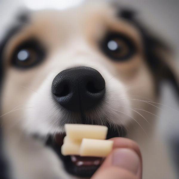 Dog Carefully Eating String Cheese