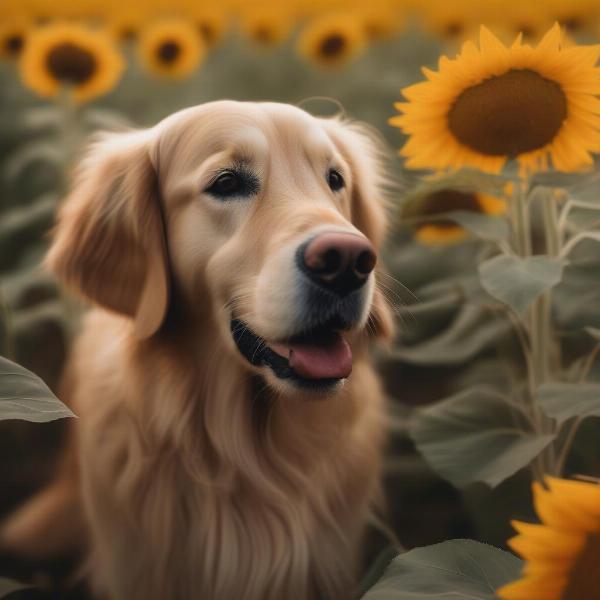 Dog eating a sunflower petal