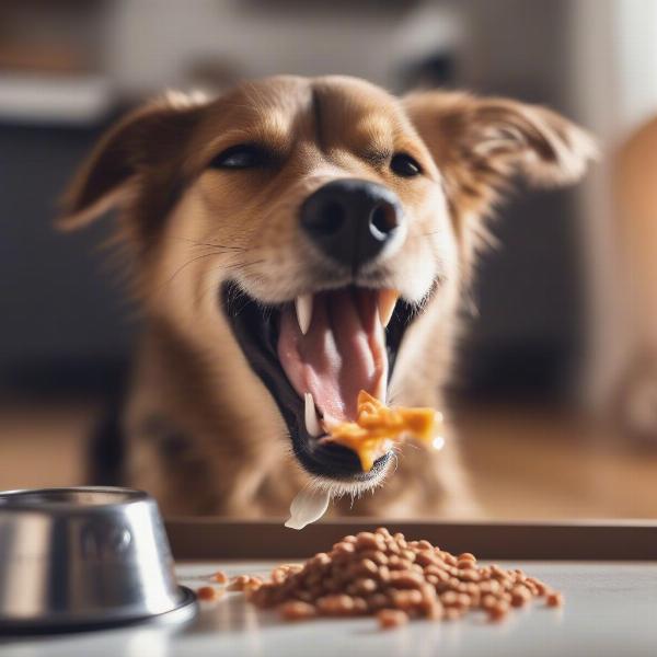 Dog enjoying wet food from a pouch