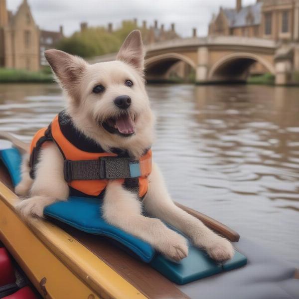 A dog wearing a life vest enjoys a punting trip on the River Cam in Cambridge.