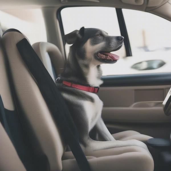 A happy dog enjoying the view from their console car seat