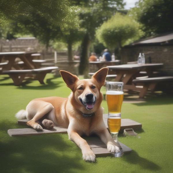 A dog enjoying the beer garden of a Cotswolds pub