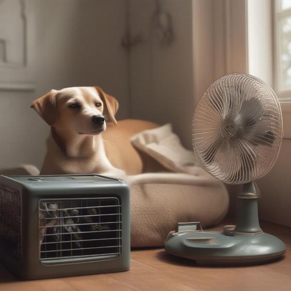 A happy dog relaxing in a crate with a fan.