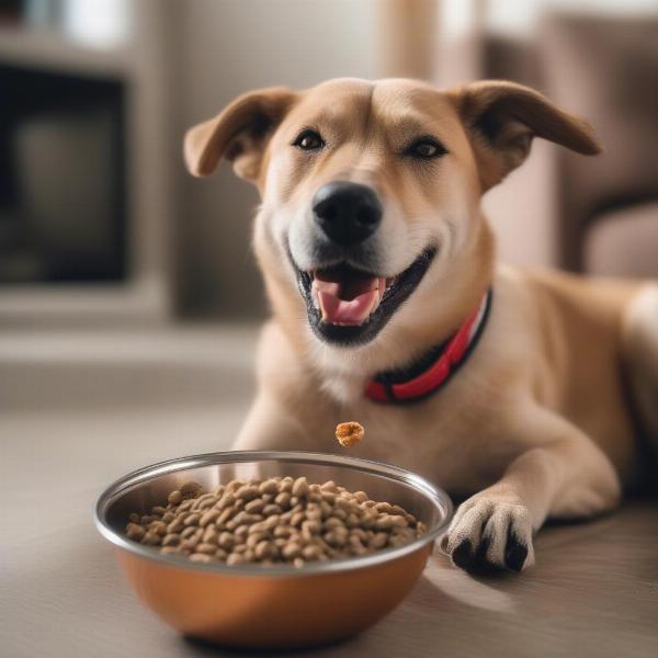 A Happy Dog Eating Food from a Pouch