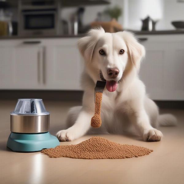 Dog enjoying food mixer with tail wagging